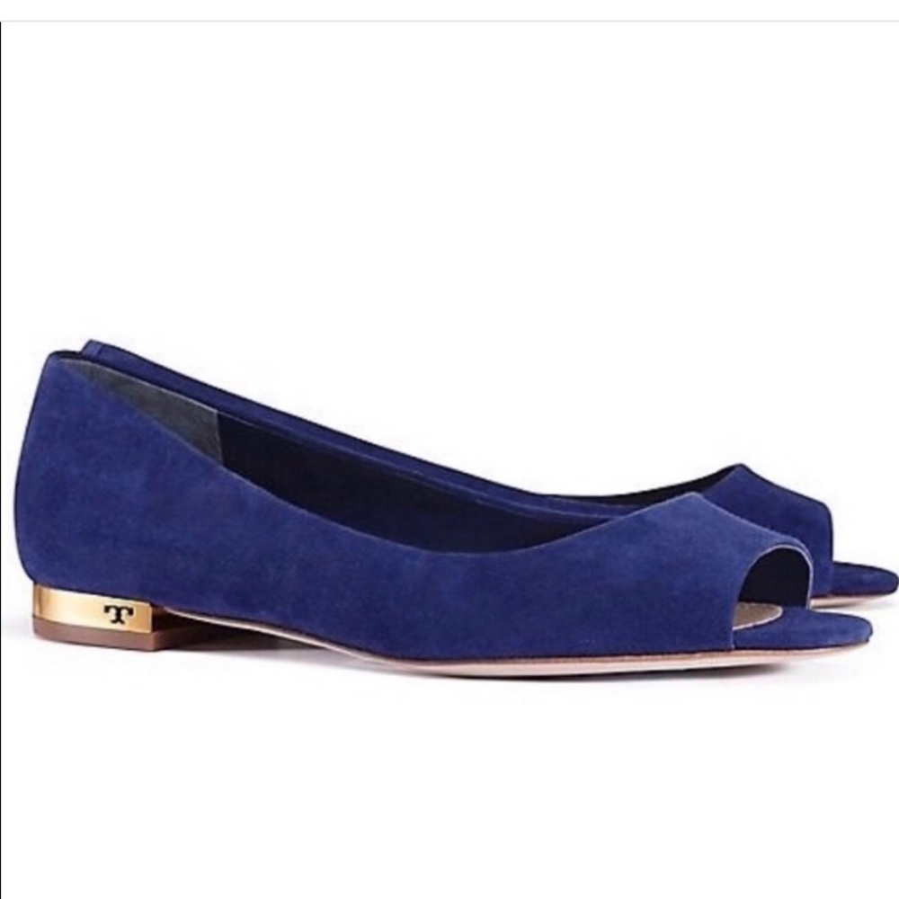 Tory Burch Peep Toe Navy Blue Suede Leather Shoe Flat Mary Jane Gold Heel Ballet